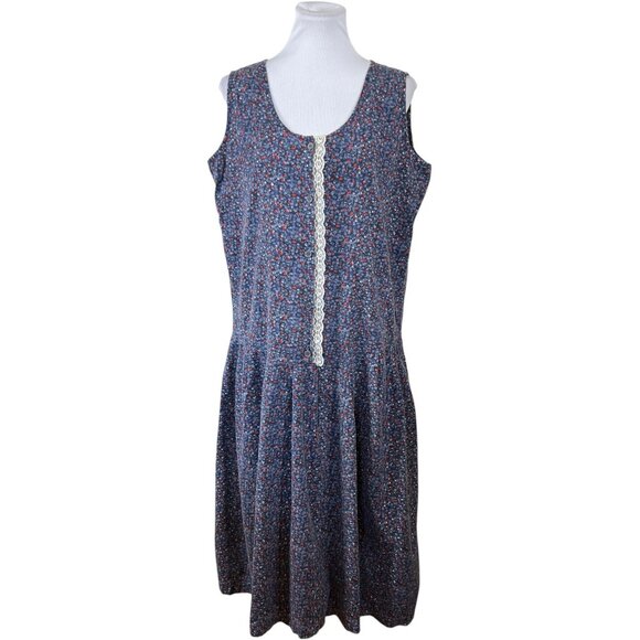 Vintage Floral Dress Midi Sundress 80s Flowers Cottagecore Drop Waist XL Lace - Picture 1 of 7
